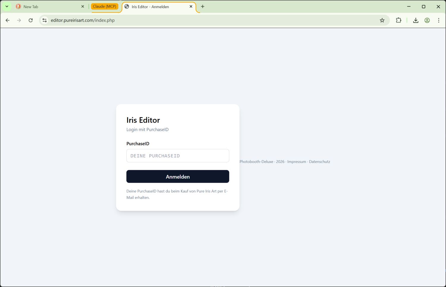 Login-Seite mit PurchaseID-Feld