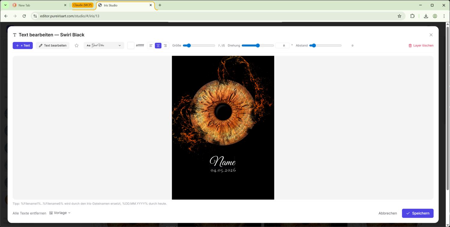 Text-Editor mit Vorname + Datum auf einer Variante