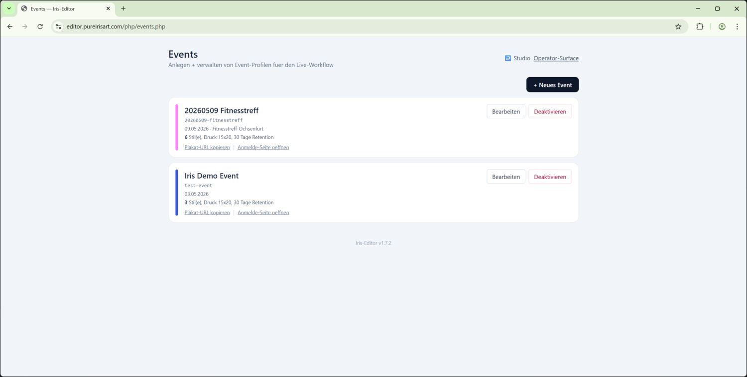Event-Liste in der Studio-UI