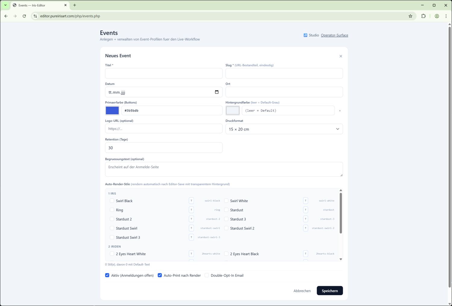 Event-Anlage-Form mit Multi-Style-Picker